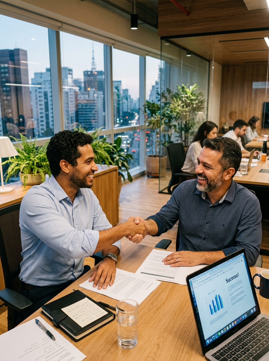 Acordo de negociação fechado com sucesso entre consultor e cliente