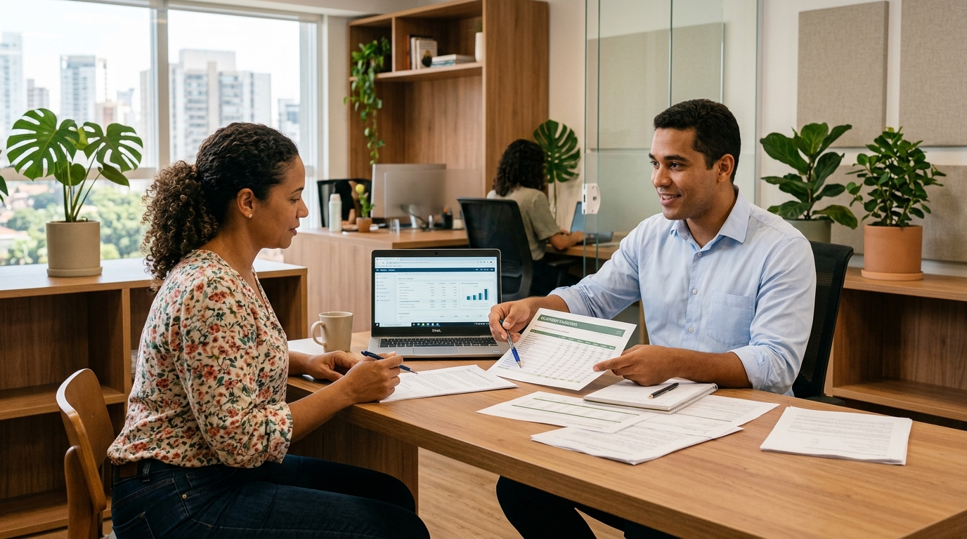 Consultor financeiro atendendo cliente brasileira